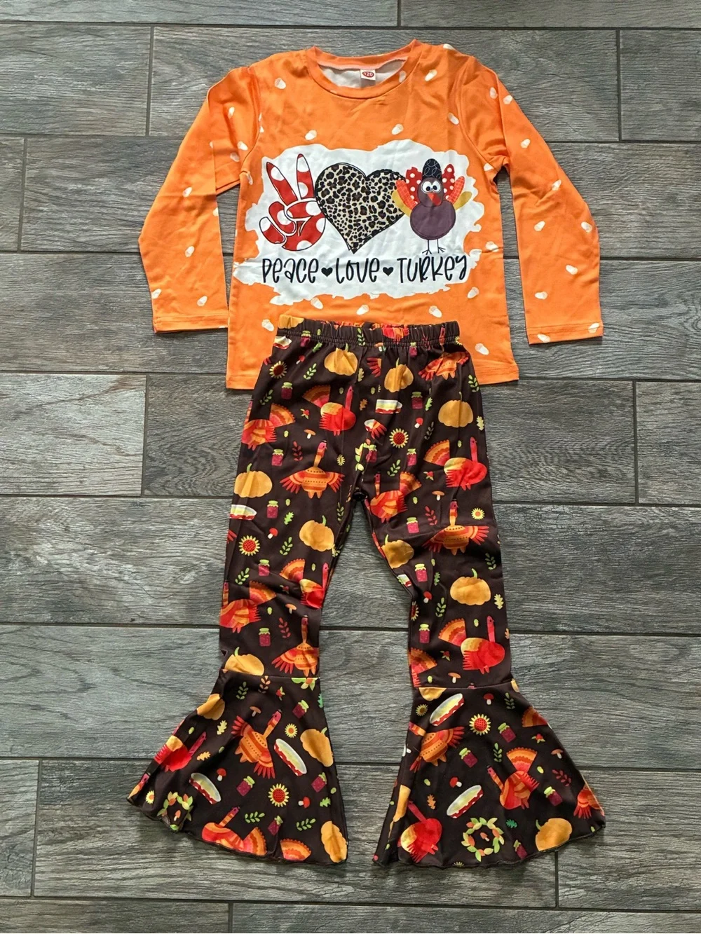 Girls Thanksgiving Outfit Set Turkey Print Flare Pants 5/6